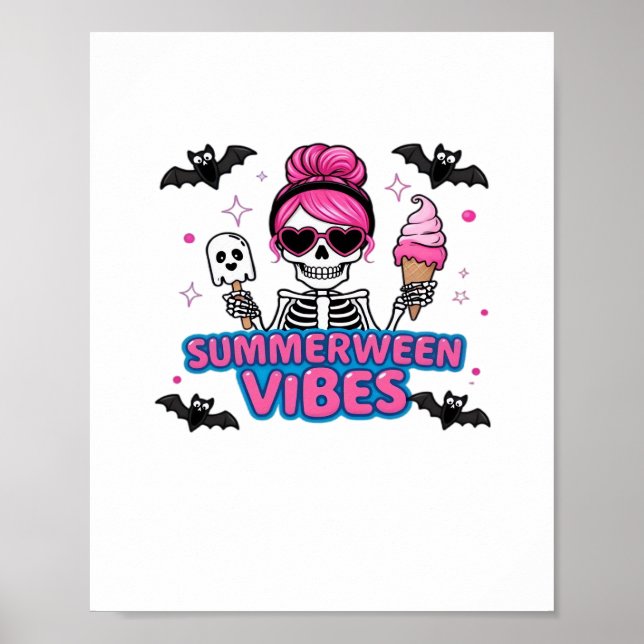 Cute Summerween Vibes Skeleton IceCream Summer Vac Poster (Front)