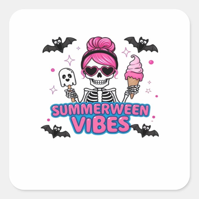 Cute Summerween Vibes Skeleton IceCream Summer Vac Square Sticker (Front)