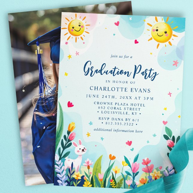 Cute Sun Bunny Floral Kindergarten Graduation Invitation (Creator Uploaded)