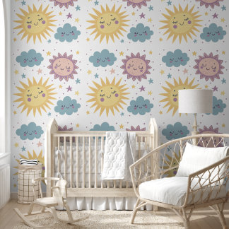 Cute Sun, Cloud, and Stars Illustration – Nursery Wallpaper