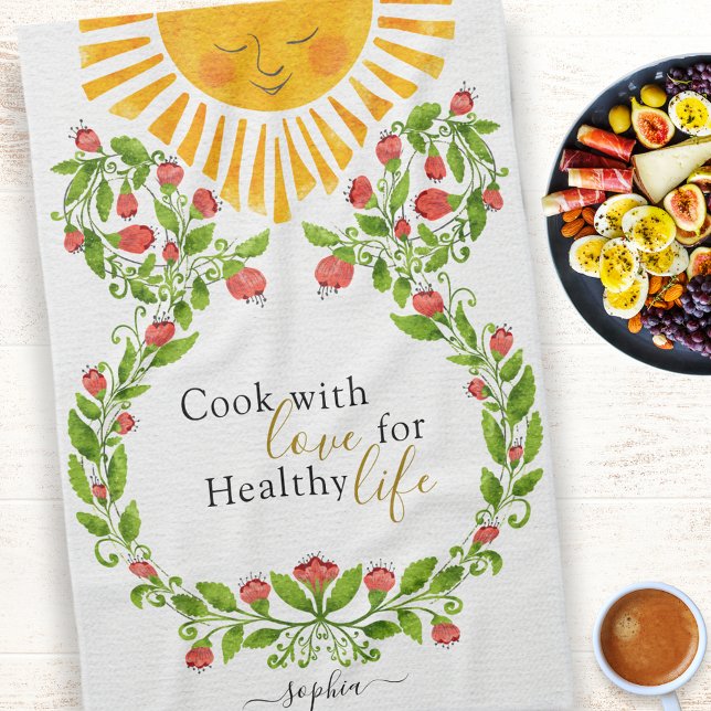 Cute Sun Red Flowers Personalised Tea Towel (Creator Uploaded)