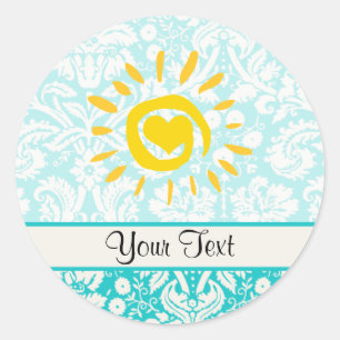 Cute Sun; Teal Damask Classic Round Sticker