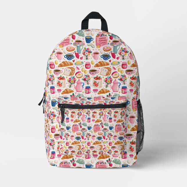 Cute Sunday Breakfast Pattern | Coffee Croissant F Printed Backpack (Front)