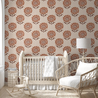 Cute Sunflower Block Print in Terracotta & Beige Wallpaper
