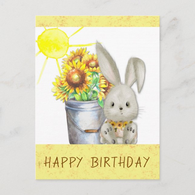 Cute Sunflower Bunny Rabbit Happy Birthday Postcard (Front)