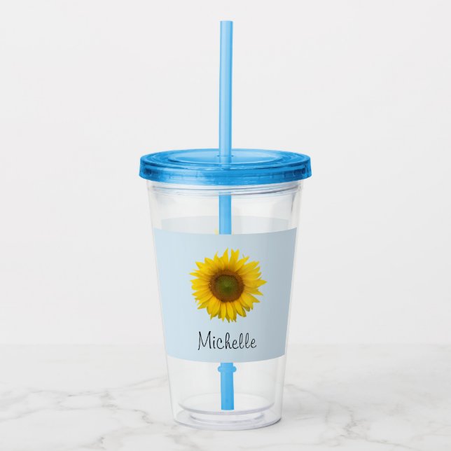 Cute Sunflower Country Floral Blue Acrylic Tumbler (Front)