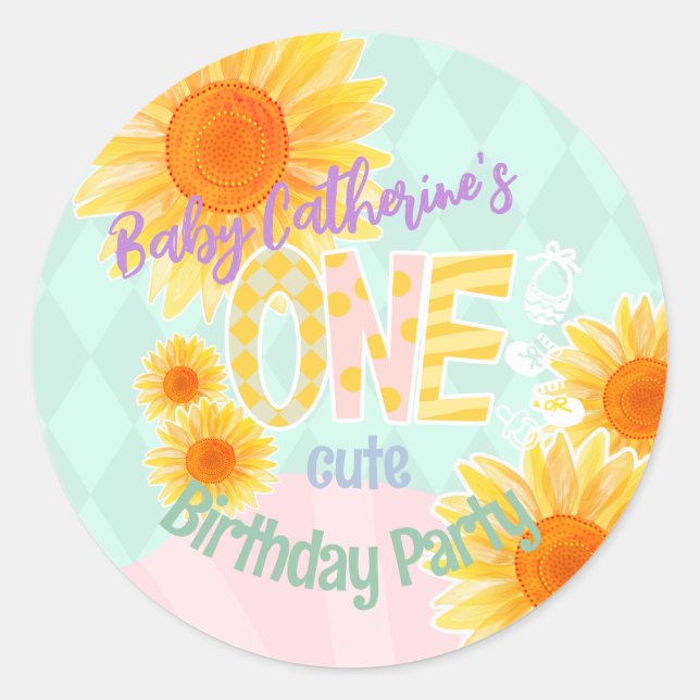 Cute Sunflower First Birthday  Classic Round Sticker (Front)