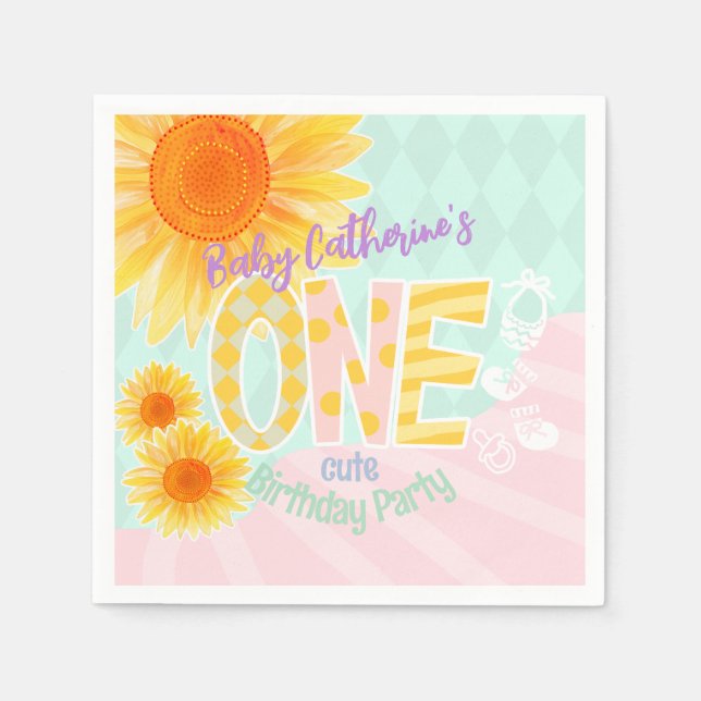 Cute Sunflower First Birthday  Napkin (Front)
