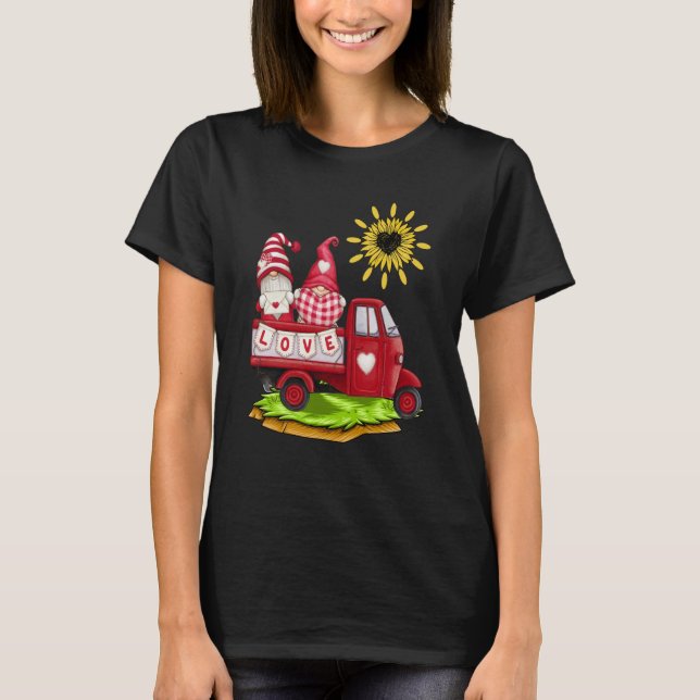 Cute Sunflower Gnome Couple Truck love Valentines  T-Shirt (Front)