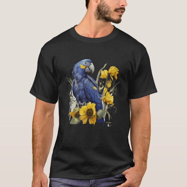Cute Sunflower Hyacinth Macaw Blue Watercolor Parr T-Shirt (Front)