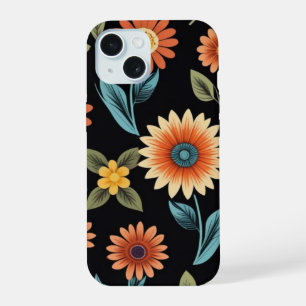 Cute Sunflower Pattern on Black Background iPhone 15 Case