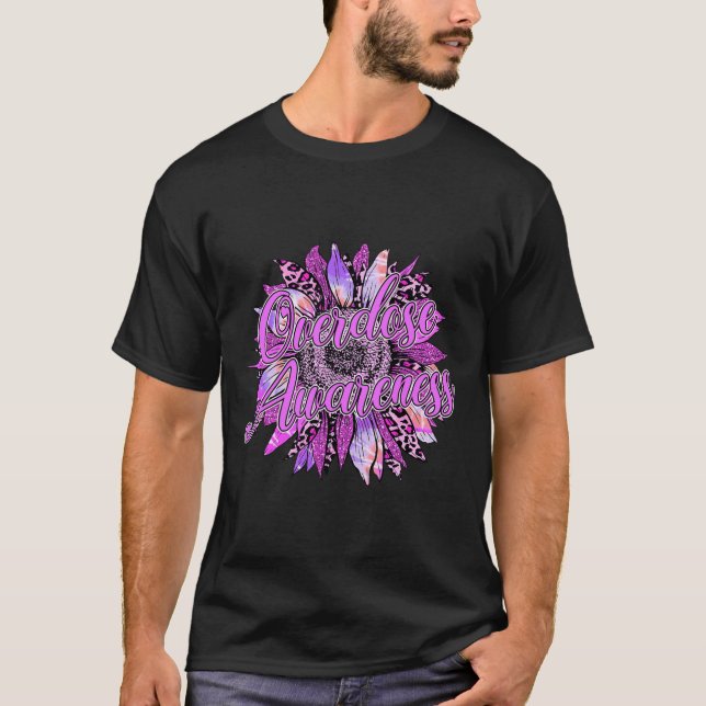 Cute Sunflower Purple Ribbon Opioid Overdose Aware T-Shirt (Front)