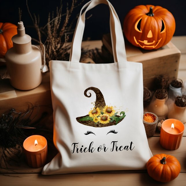 Cute Sunflower Witch Hat Halloween Trick or Treat Tote Bag (Creator Uploaded)