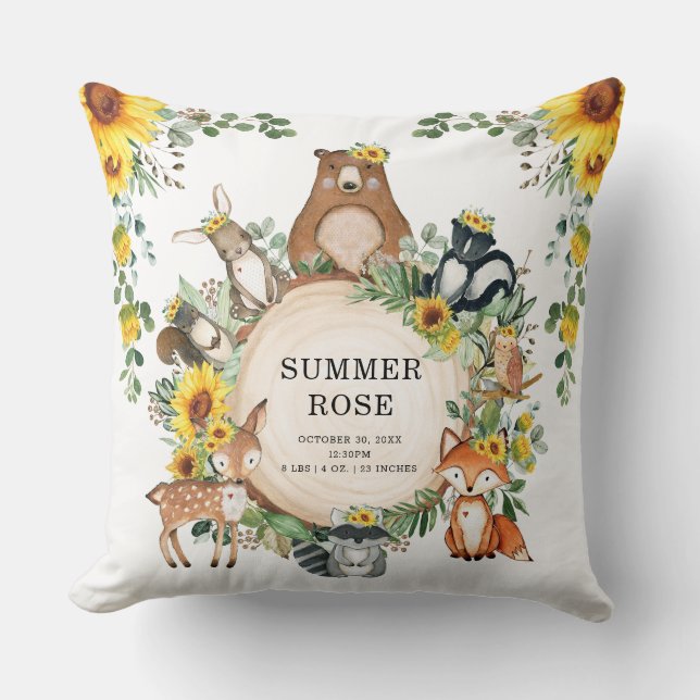 Cute Sunflower Woodland Animals Girl Nursery Decor Cushion (Front)