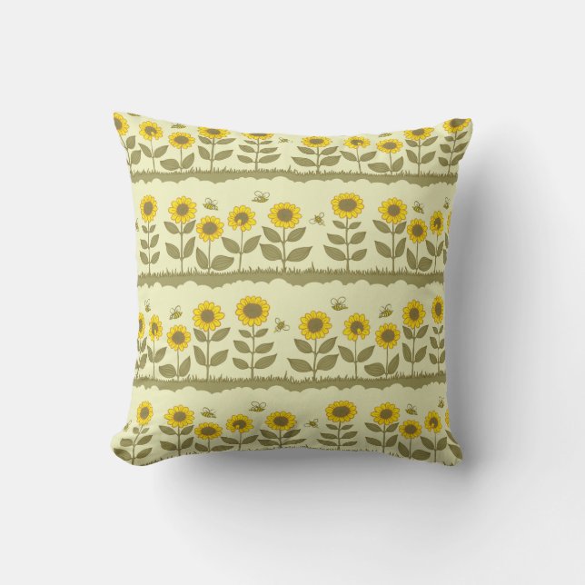 Cute sunflowers and bees seamless pattern cushion (Front)