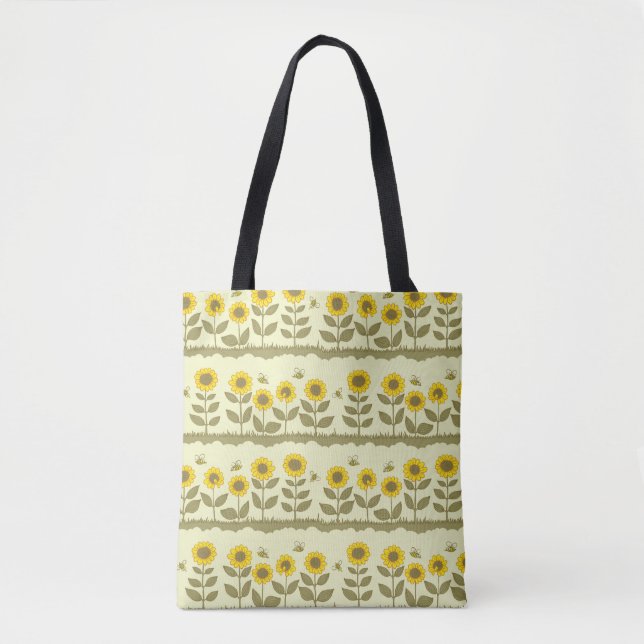 Cute sunflowers and bees seamless pattern tote bag (Front)