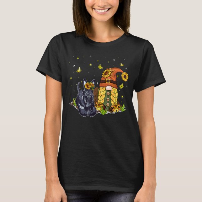 Cute Sunflowers Gnome With Scottish Terrier Dog Lo T-Shirt (Front)