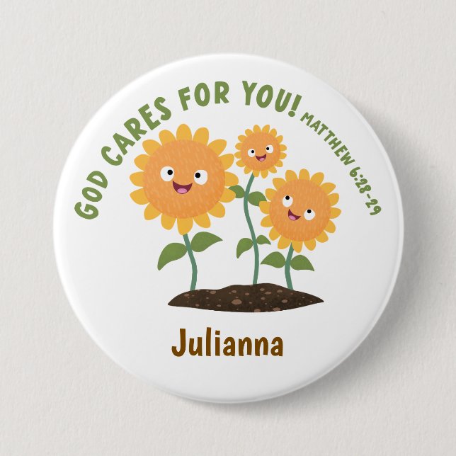 Cute sunflowers God cares bible scripture verse 7.5 Cm Round Badge (Front)