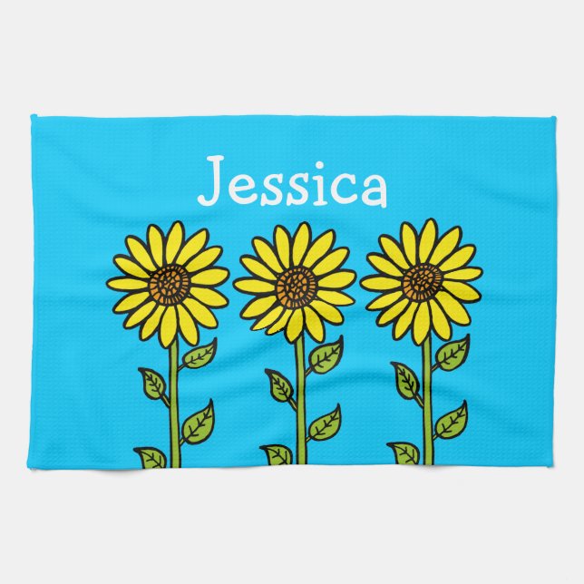 Cute Sunflowers Illustration Personalised Name Tea Towel (Horizontal)