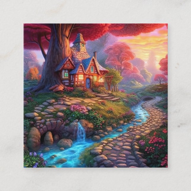 Cute Sunset Fantasy House in the Woods Calling Card (Front)
