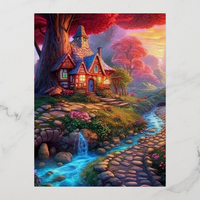 Cute Sunset Fantasy House in the Woods Foil Holiday Postcard (Front)