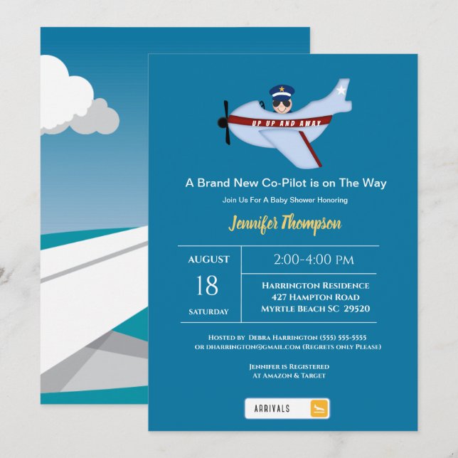 Cute Sunshade Pilot and Aeroplane Baby Shower   Invitation (Front/Back)