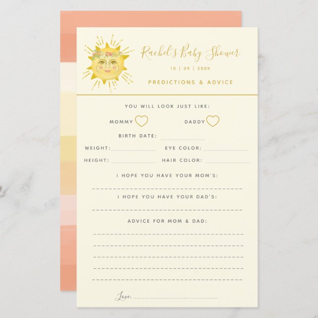 Cute Sunshine Baby Shower Advice and Predictions (Front/Back)