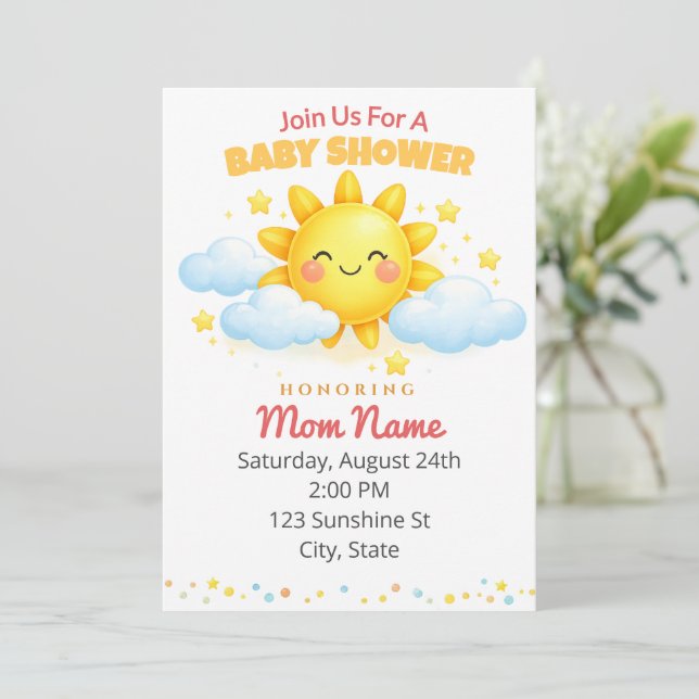 Cute Sunshine Baby Shower Invitation (Standing Front)