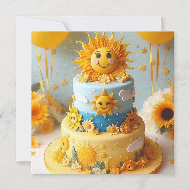 CUTE SUNSHINE CHARACTERS DECORATED BIRTHDAY CAKE CARD (Front)