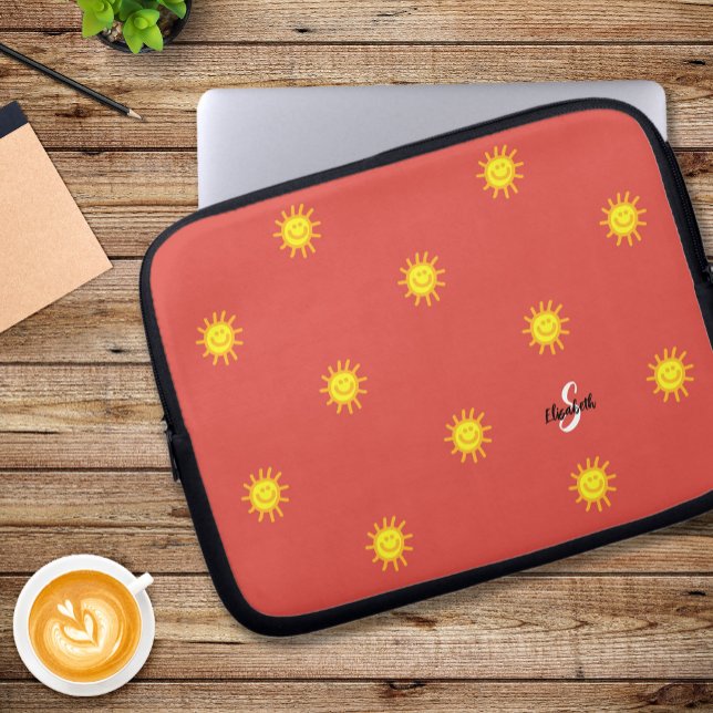 Cute Sunshine Happy Face Pattern Name Initial Red Laptop Sleeve (Cute Sunshine Happy Face Pattern Name Initial Red Laptop Sleeve)