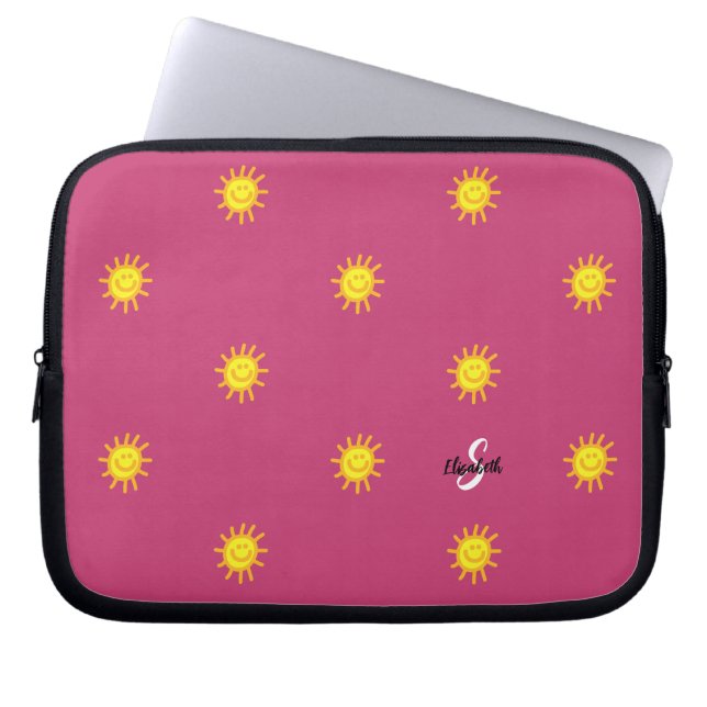 Cute Sunshine Happy Face Sun Pattern Name Initial Laptop Sleeve (Front)