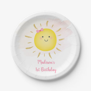 Cute Sunshine Pink & Gold Birthday Paper Plate