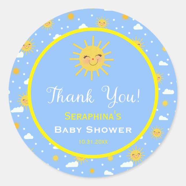 Cute Sunshine Sky Baby Shower Thank You Classic Round Sticker (Front)