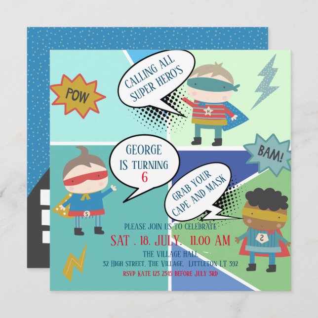 Cute Super hero comic strip Kids Invitation  (Front/Back)