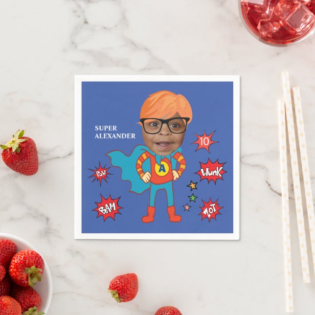 Cute Superhero 💥 Colourful Birthday Photo Napkin (Insitu)
