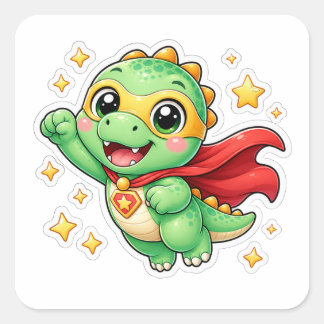 Cute Superhero Dinosaur Cartoon Square Sticker