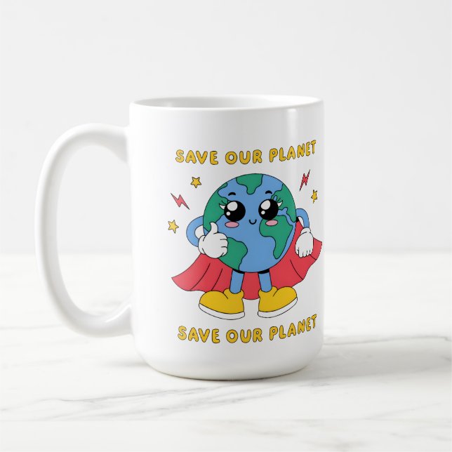 Cute Superhero Earth Save Our Planet Design Coffee Mug (Left)