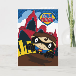 Cute Superhero in City Scene Birthday Card