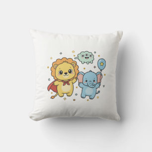 Cute Superhero Lion and Elephant Friends Cartoon Cushion