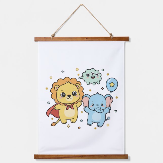 Cute Superhero Lion and Elephant Friends Cartoon Hanging Tapestry (Front)