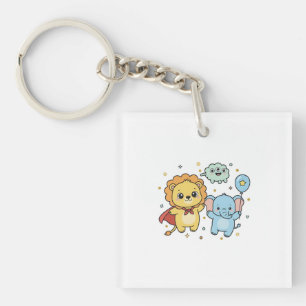 Cute Superhero Lion and Elephant Friends Cartoon Key Ring