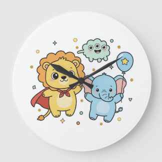 Cute Superhero Lion and Elephant Friends Cartoon Large Clock
