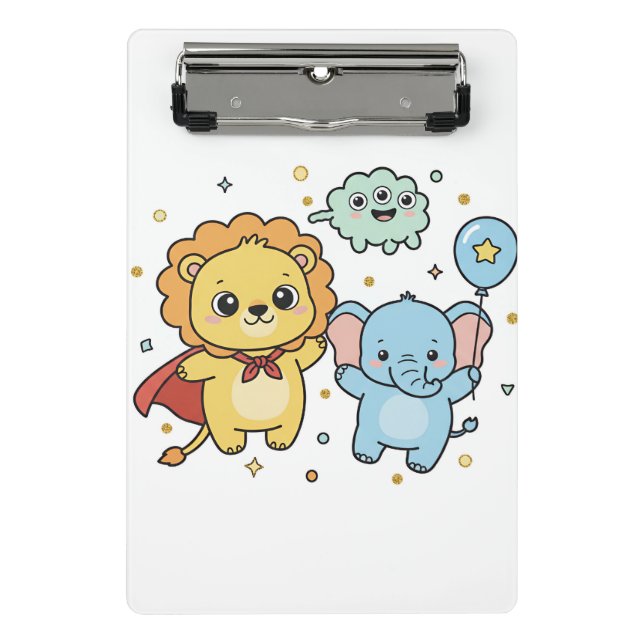 Cute Superhero Lion and Elephant Friends Cartoon Mini Clipboard (Front)