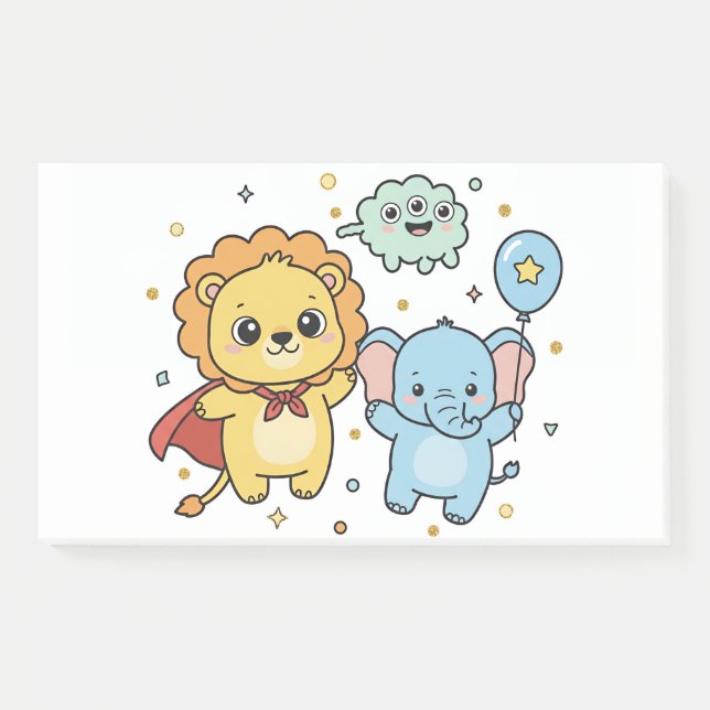 Cute Superhero Lion and Elephant Friends Cartoon Post-it Notes (Front)