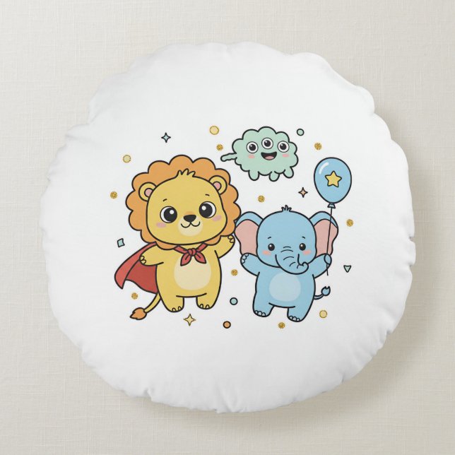 Cute Superhero Lion and Elephant Friends Cartoon Round Cushion (Front)