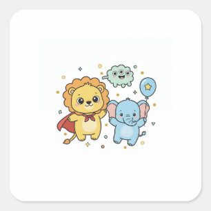 Cute Superhero Lion and Elephant Friends Cartoon Square Sticker