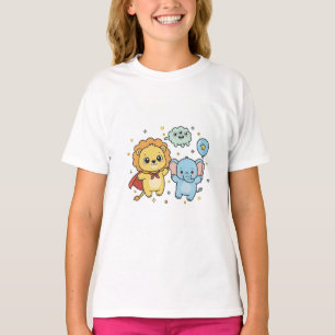 Cute Superhero Lion and Elephant Friends Cartoon T-Shirt