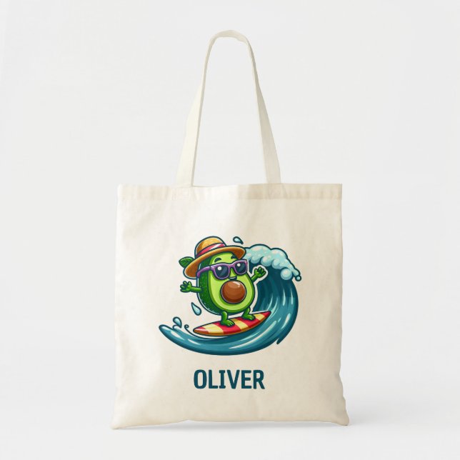 Cute Surfer Avocado Hits the Waves Personalised Tote Bag (Front)