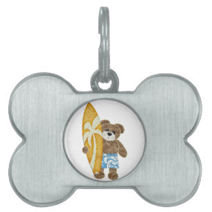 Cute surfer teddy bear pet tag