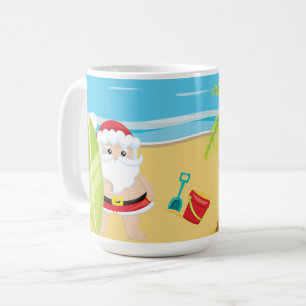 CUTE SURFING CHRISTMAS SANTA CLAUS ON THE BEACH COFFEE MUG